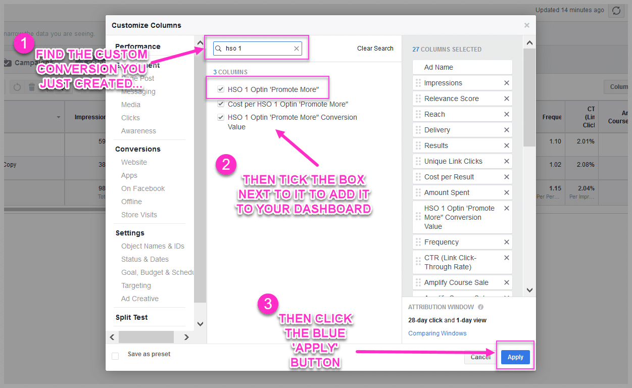 Simply click each option to add it to your ads reporting