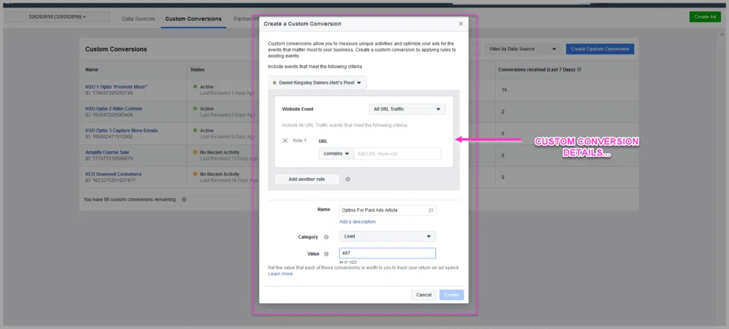 The facebook custom conversion settings