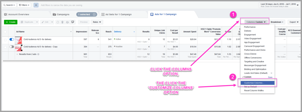 Choose the custom columns in your facebook ads manager dashboard