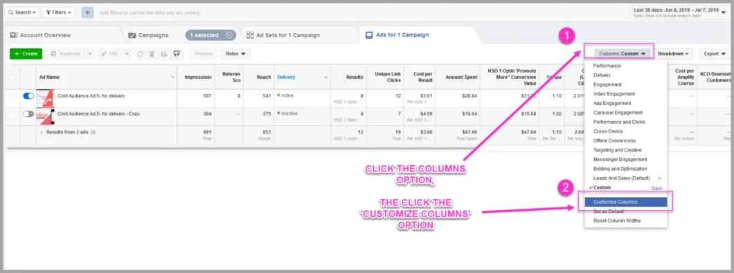Choose the custom columns in your facebook ads manager dashboard