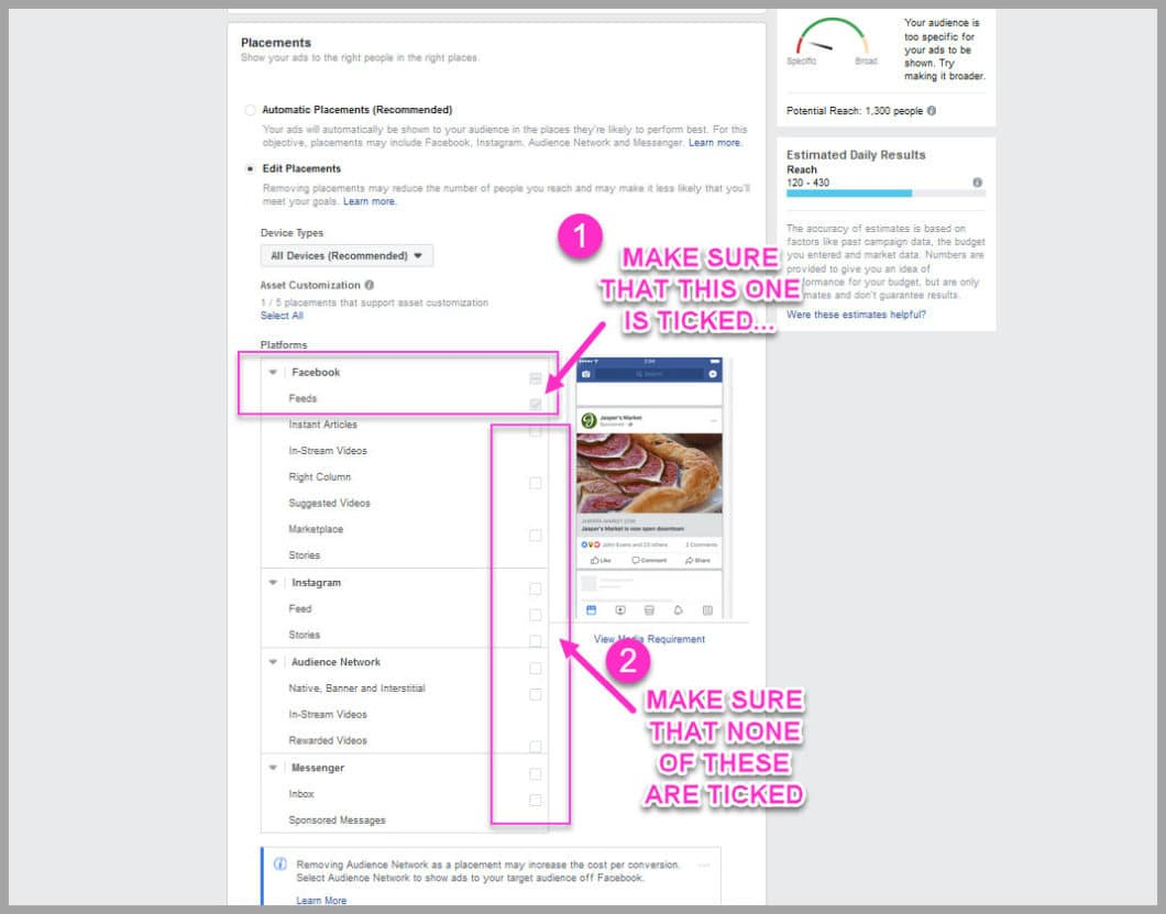 Remove all targeting options and leave the newsfeed