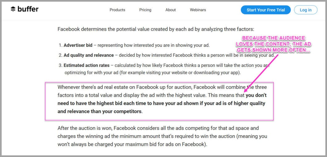 When you provide high value content, facebook shows it more often and charges you less...