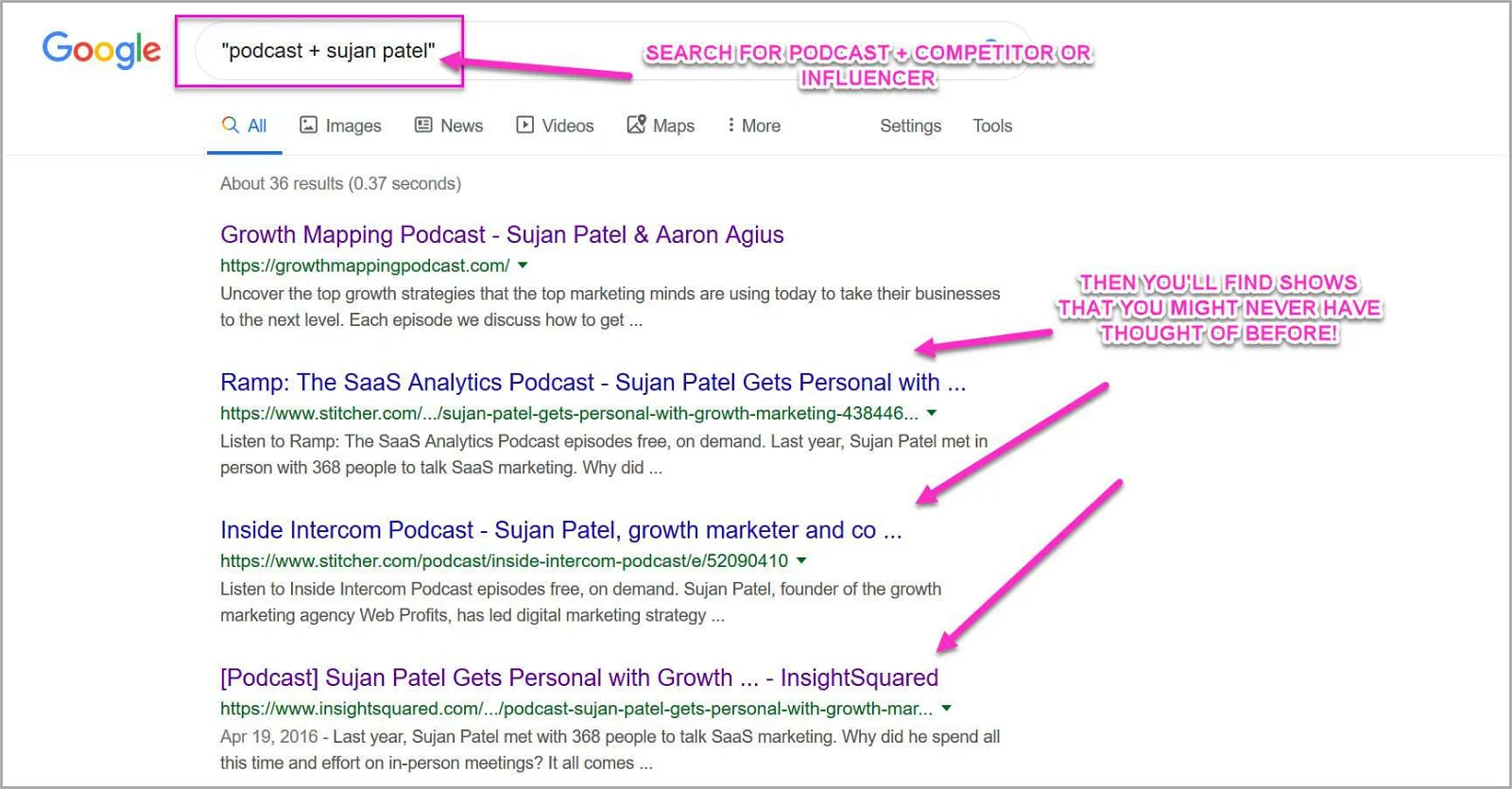 Search for competitors podcast appearances, so you can reverse engineer them