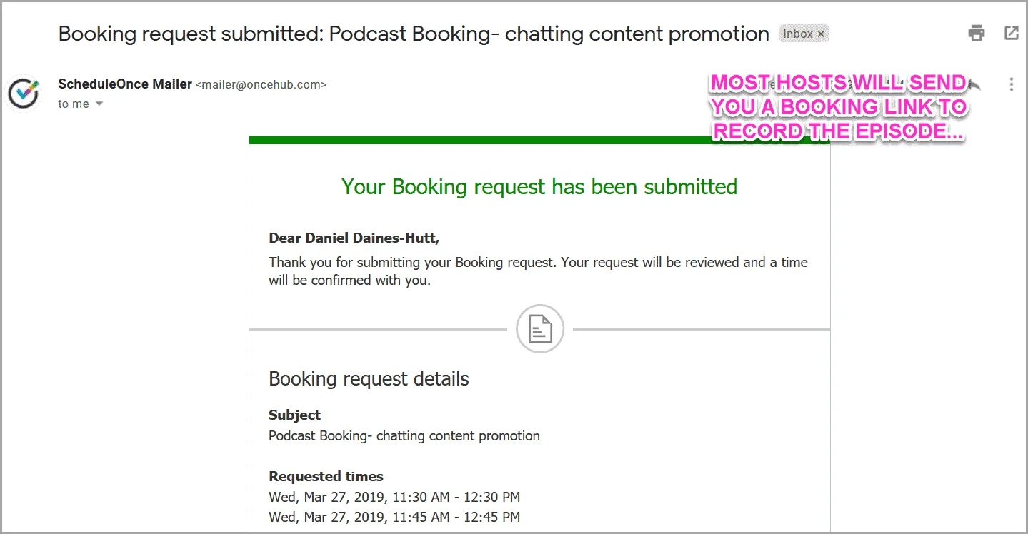 podcast confirmation email and booking link